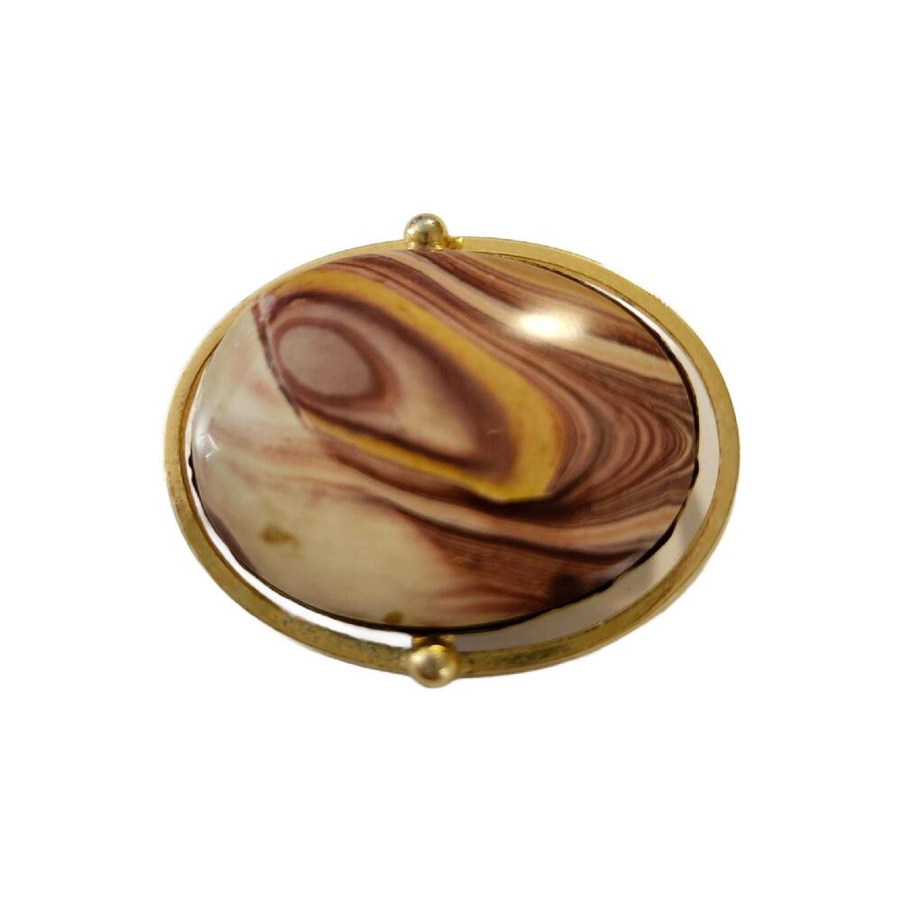 Vintage Oval Landscape Swirl Agate Cabochon Brooch, 2" Long